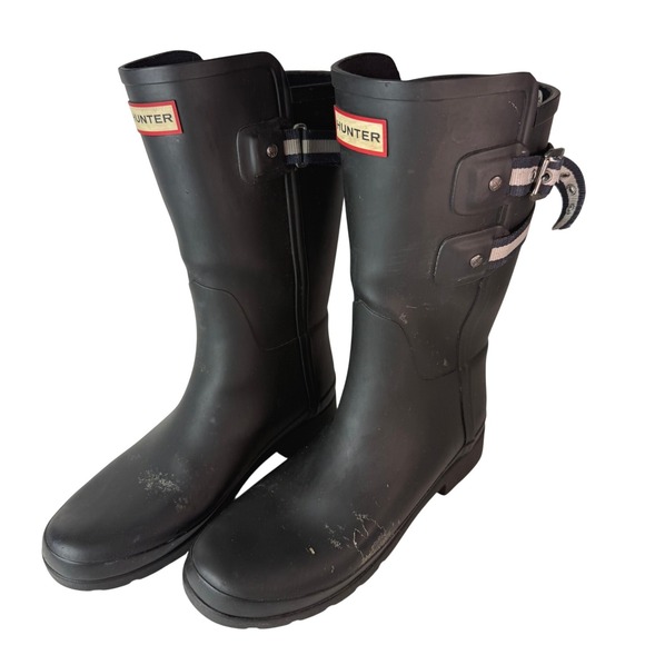 Hunter Shoes - Hunter Refined Back Strap Rain Boots Matte Black Rubber Womens 7 EU 38